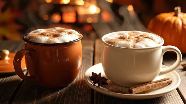 Two steaming mugs of pumpkin spice latte with cinnamon and star anise on a rustic wooden table with a cozy fireplace and autumn decorations in the background perfect for a warm fall evening.