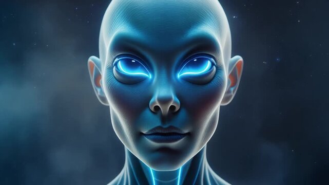 Close-up portrait of a glowing blue humanoid alien with large eyes, depicting a futuristic and mysterious encounter