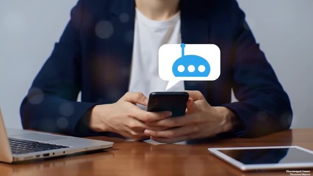 Mobile Chatbot Communication on Smartphone. AI Assistant Interaction in Business Setting. Digital Conversation and Technology Interface.