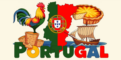 Obraz premium Colorful Portugal travel illustration with rooster, custard tart, sailing ship and map with national flag for tourism design