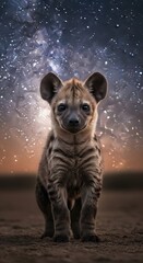 A young spotted hyena stands proudly against a backdrop of a stunning starry night sky, showcasing a captivating blend of wildlife and celestial beauty.
