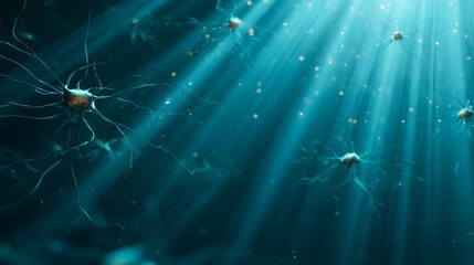 Numerous biological cells with radiating filaments drift within a deep blue illuminated fluid medium