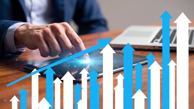 Business Growth Analysis on Tablet and Laptop. Dynamic Data Visualization for Progress Tracking. Technology and Corporate Advancement Strategy.