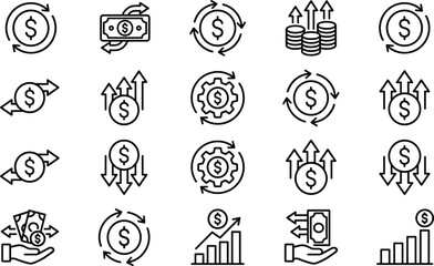 Financial Economy Money Flow Icons Set Investment Growth Dollar Currency Transaction Exchange Business Trade Chart Coin Arrows Outline Vector