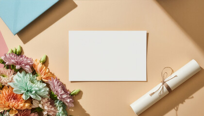 Horizontal Blank Greeting Card Mockup with Diploma and Flower Bouquet