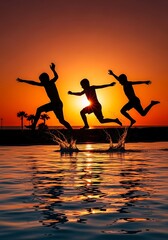 Three children leap joyfully in a shimmering pool at sunset, their silhouettes highlighted against the vibrant hues of the sky.