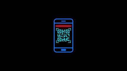Glowing neon QR code icon animation,QR code with scan icon isolated animation ,mobile QR code neon icon animation, QR code 4k video footage 