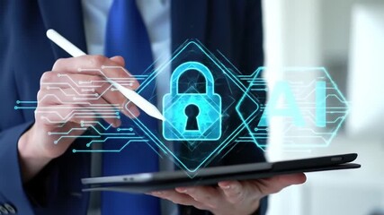 AI Security and Digital Protection Concept. Padlock Diamond with Circuit Patterns. Professional Using Stylus on Tablet. - Powered by Adobe