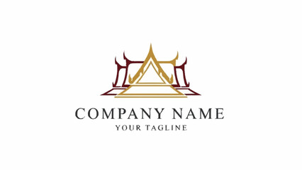 Elegant gold and maroon stylized temple roof logo design template for a company.