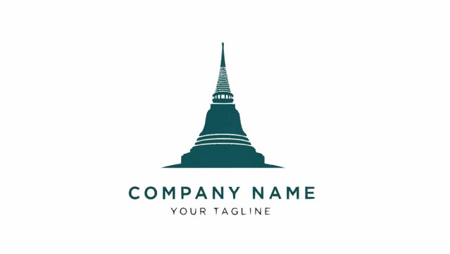 A minimalist teal silhouette logo featuring a traditional Asian pagoda or stupa, with placeholder text for company name and tagline.
