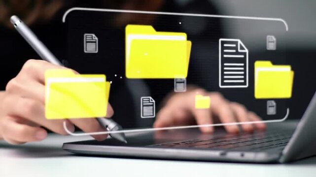 Futuristic Digital File Management Interface. Holographic Folders and Documents on Laptop. Modern Organization and Data Interaction.