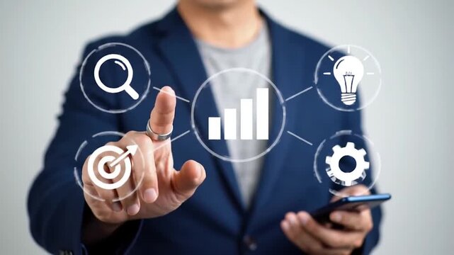 Virtual Business Strategy Icons Interaction. Hand Pointing at Digital Concept Symbols. Modern Corporate Planning and Analysis.