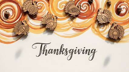 Warm Thanksgiving design featuring wooden turkey cutouts, acorns, and swirling watercolor patterns in autumn hues, arranged above elegant calligraphy on textured paper.