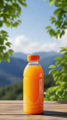 Fresh orange juice on a wooden table with mountain scenery and bright blue sky in the background, vibrant vertical image for natural lifestyle concept