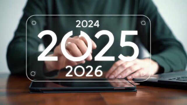 Futuristic Timeline Projection on Tablet Interface. Years 2024 to 2026 with Power Symbol. Innovative Technology and Progression Planning.