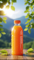 Fresh orange juice on a wooden table with mountain scenery and bright blue sky in the background, vibrant vertical image for natural lifestyle concept