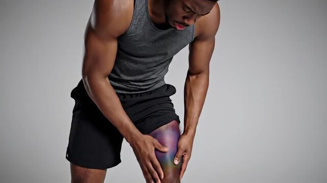 Athlete Experiencing Hematoma in Thigh after Intense Workout, Showing Pain and Discomfort