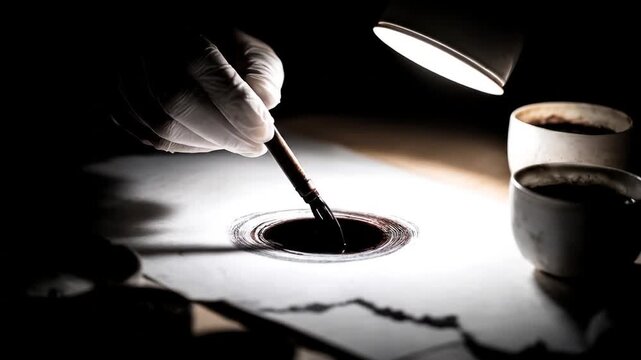 A gloved hand with ink pen creates a circular ink drawing on paper, under a bright lamp