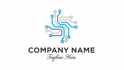 A modern logo featuring a stylized circuit board design in blue and grey, forming a cross shape, with text 'COMPANY NAME' and 'Tagline Here' below it.
