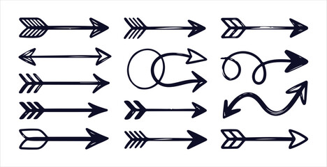 Set of sketchy hand drawn dark blue arrows pointing right featuring spiral wavy and thick styles