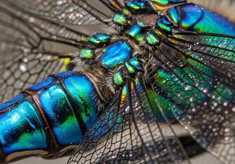 Blue Dragonfly Macro, Iridescent Wings Close-up, Insect Detail