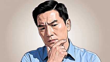 A Series of Rendered Images Showing Deep Contemplation and Thought from an Asian Man's Face