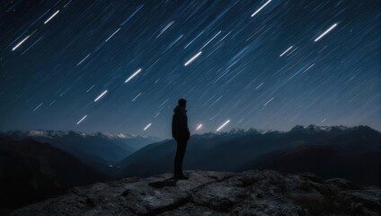 Silhouette of a person gazing at the star trails in the night sky over a mountain range