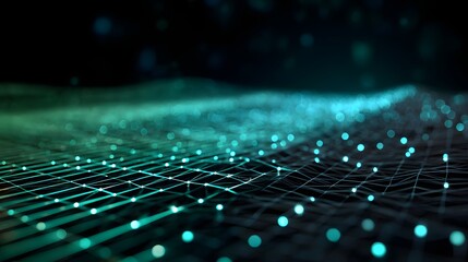 Glowing digital mesh surface extends into a dark, abstract background with blue and green illumination