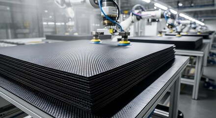 Robotic arms manipulate stacks of dark carbon fiber sheets in a modern manufacturing facility.