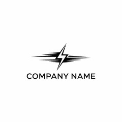 Monochromatic logo design featuring a stylized lightning bolt with horizontal speed lines and placeholder text 'COMPANY NAME' below.