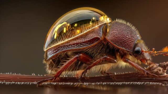 A highly detailed macro shot of an insect with a transparent, shiny covering, perched on a twig