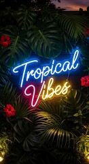 A vibrant neon sign, reading "Tropical Vibes," is surrounded by lush tropical foliage and hibiscus flowers, creating a festive and vibrant ambiance.
