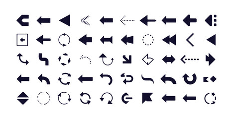 Group of navigation symbols including simple arrows double arrows curved signs and refresh indicators