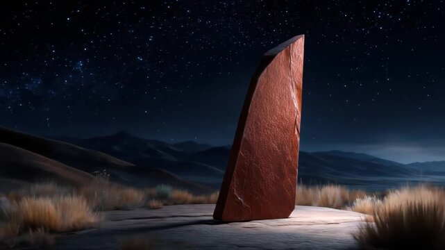 A towering, reddish-brown monolith under a night sky with a crescent moon, amidst desert