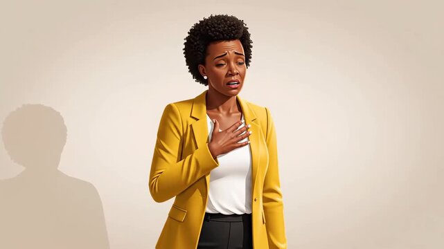 A Woman In Yellow Jacket Expressing Anxiety And Touching Her Chest In Various Frames