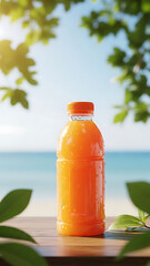 Fresh orange juice on wooden table with tropical beach and bright blue sky in the background vertical summer drink concept