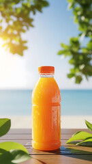 Fresh orange juice on wooden table with tropical beach and bright blue sky in the background vertical summer drink concept