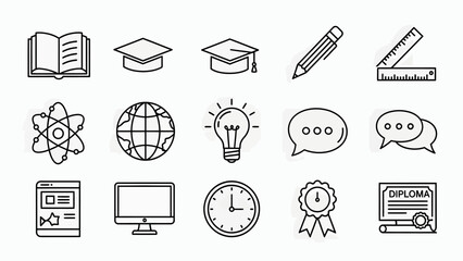 Educational icons representing learning, graduation, and academic success, including books, caps, computers, and diplomas, symbolizing knowledge and achievement