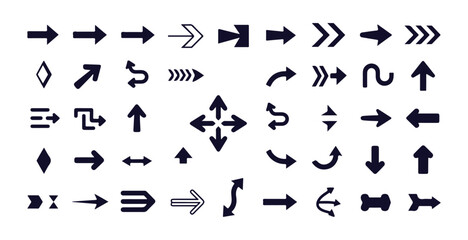 Set of stylized thick and thin outline arrow icons for direction and navigation purposes