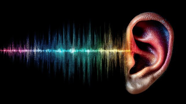 Auditory perception represented by colorful sound waves entering a realistic human ear structure