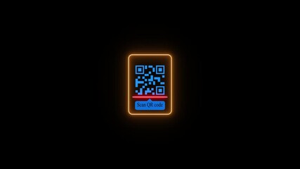 Glowing neon payment QR code icon animation,QR code with scan icon isolated animation ,mobile QR code neon icon animation, QR code 4k video footage