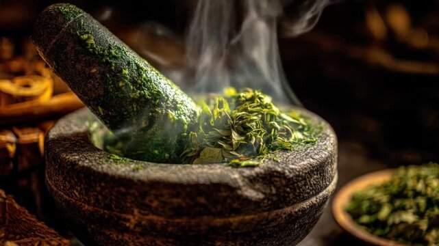A stone mortar and pestle grinds herbs, with vapors and secondary bowls. Green hues are the focus