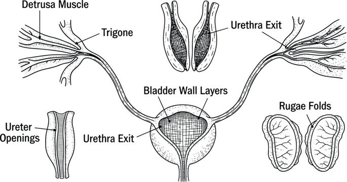 Detailed urinary bladder anatomy with urethra, ureters, detrusor muscle, and rugae