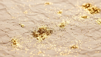 Golden sparkle scattered across crumpled paper creates a textured abstract surface