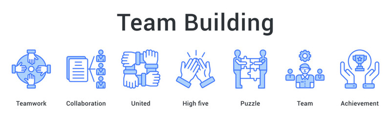 Team building fostering collaboration and unity through integrated teamwork leading to collective achievement. icon sheet multiple style collection