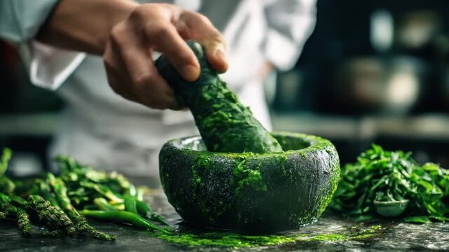 Chef hand-grinding green herbs with a mortar and pestle in a kitchen setting