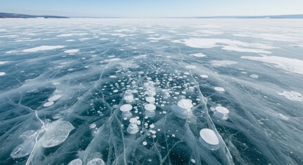 Fototapeta premium Frozen Lake Baikal Ice Bubbles Unique Winter Landscape.