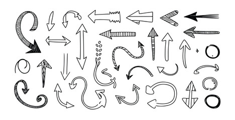 Set of various hand drawn doodle arrows and directional signs for design