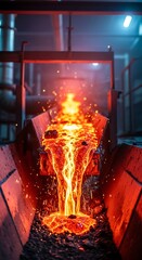 Molten metal flows down a conveyor belt in a vibrant industrial setting, showcasing the fiery process of metal production.