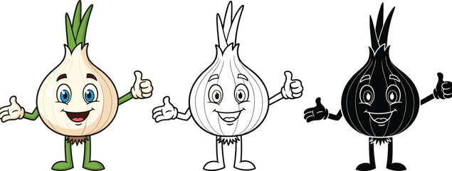 Cute cartoon onion character with thumbs up, including colored, outline and silhouette versions, fun vegetable mascot illustration for kids and food themes